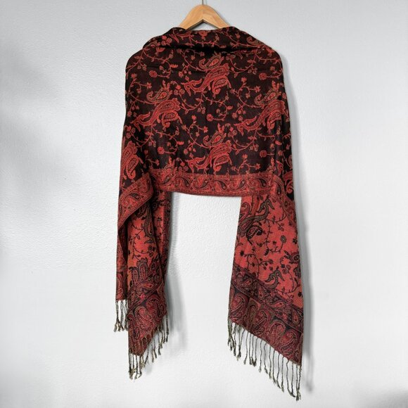 Floral Paisley Silk Pashmina Shawl Reversible Scarf Red Black Boho Maximalism - Picture 7 of 15